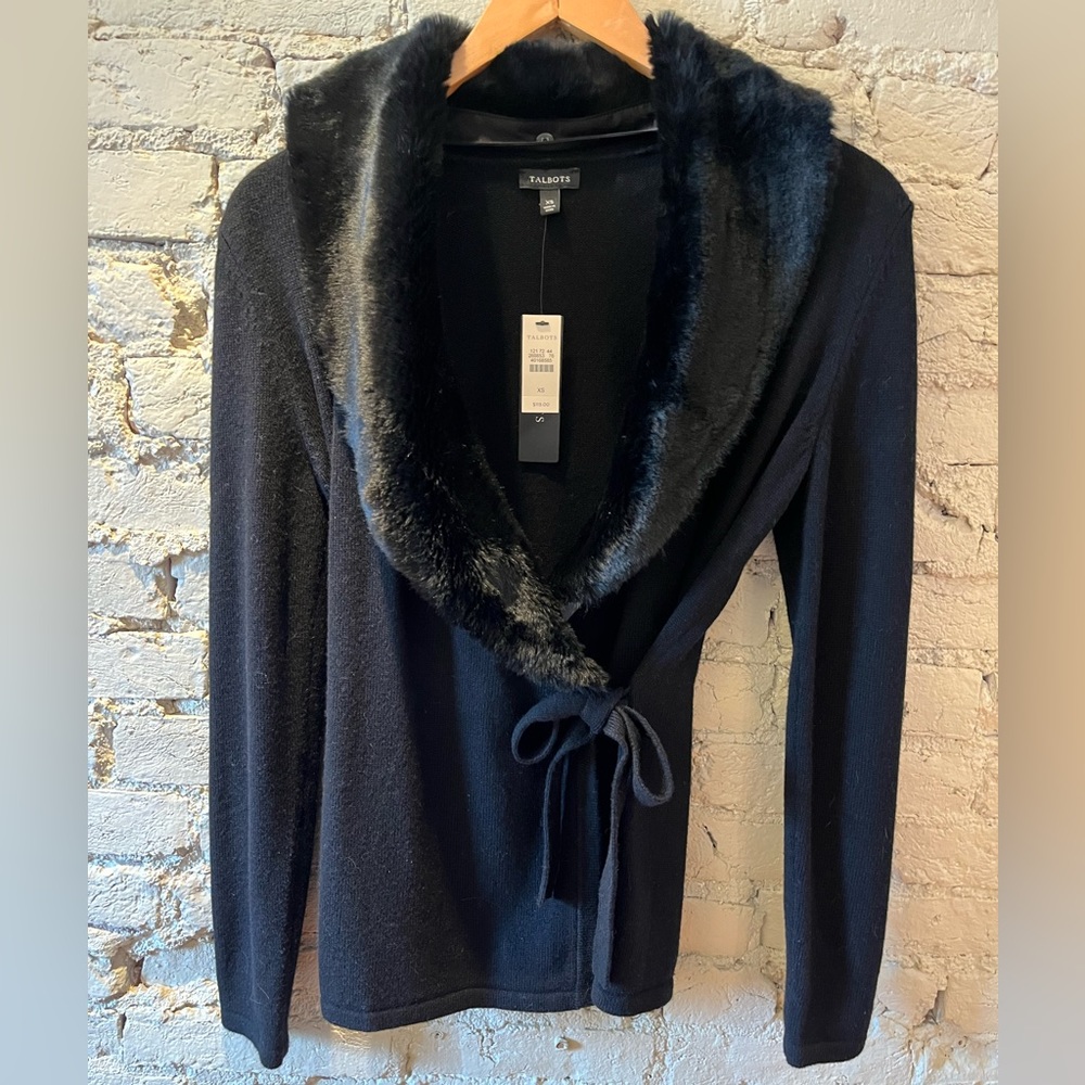 Talbots Black Wrapped Sweater with Detachable Faux Fur Collar, XS, NWT